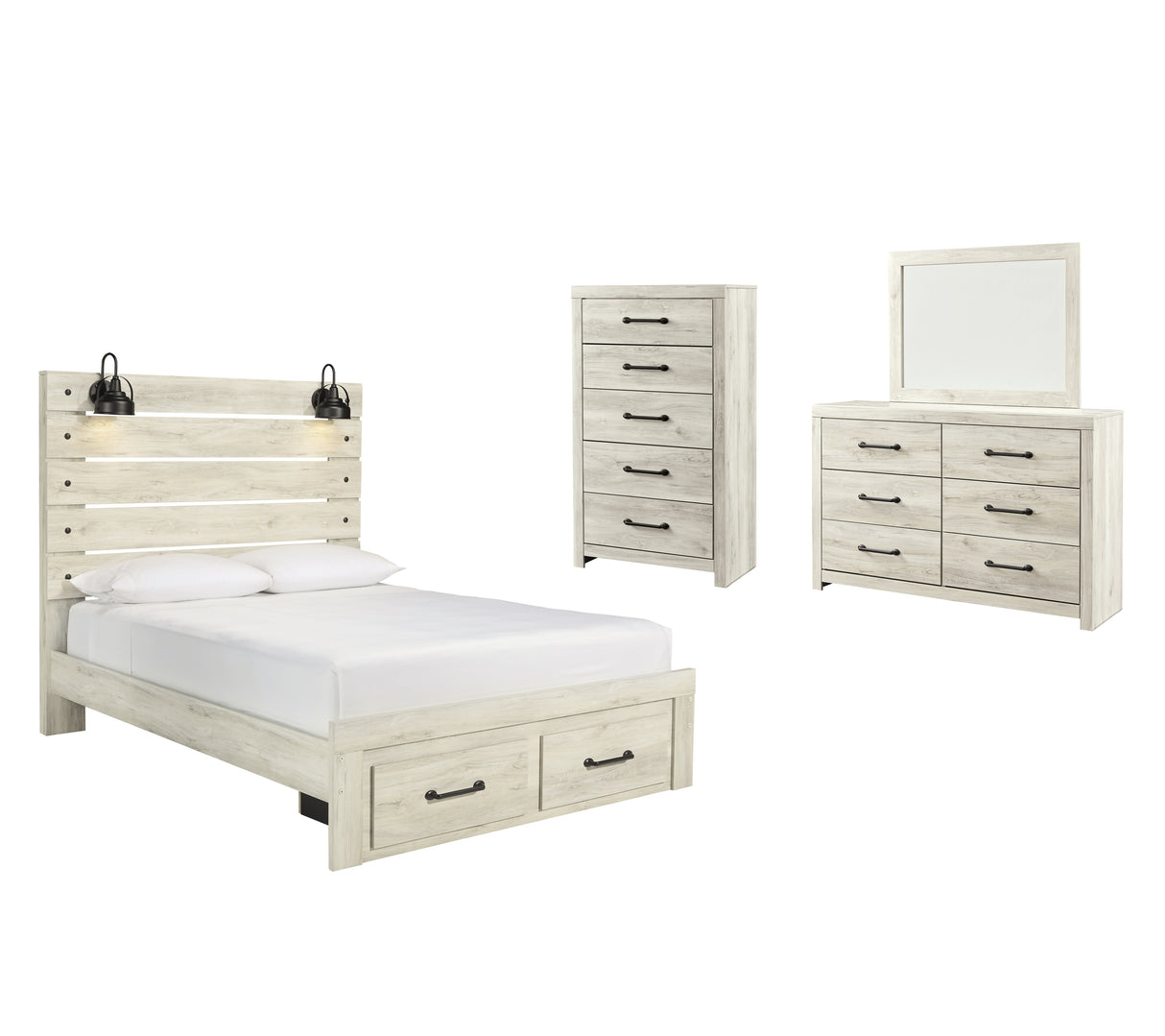 Cambeck Queen Panel Bed with 2 Storage Drawers with Mirrored Dresser and Chest in Whitewash - PKG003095