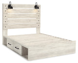 Cambeck Queen Panel Bed with 2 Storage Drawers with Mirrored Dresser and Nightstand in Whitewash - PKG014080