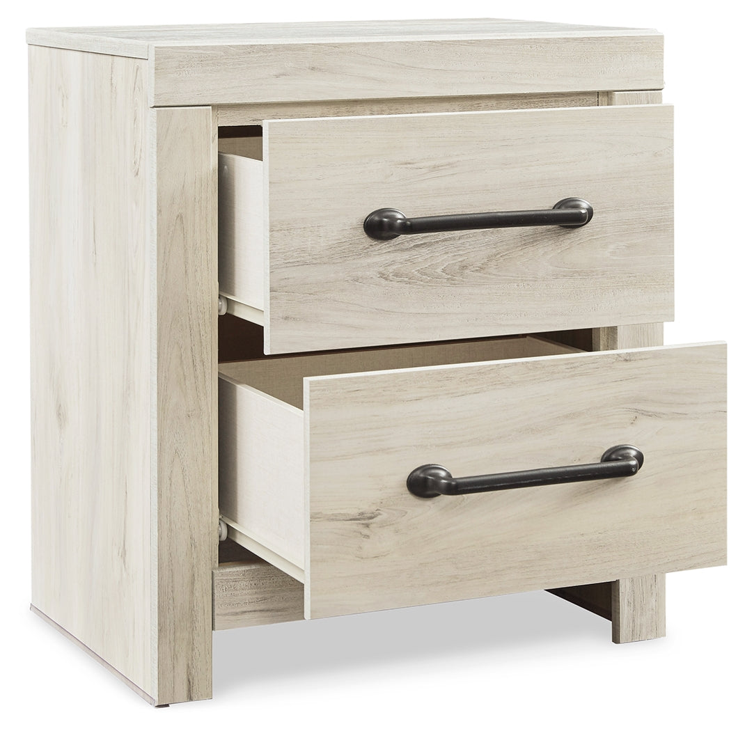 Cambeck Queen Panel Bed with 2 Storage Drawers with Mirrored Dresser and Nightstand in Whitewash - PKG014080