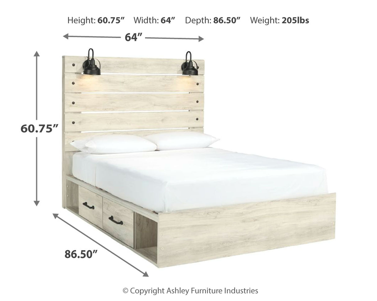 Cambeck Queen Panel Bed with 2 Storage Drawers with Mirrored Dresser and Nightstand in Whitewash - PKG014080