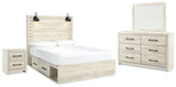 Cambeck Queen Panel Bed with 2 Storage Drawers with Mirrored Dresser and Nightstand in Whitewash - PKG014080