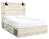 Cambeck Queen Panel Bed with 2 Storage Drawers with Mirrored Dresser and Nightstand in Whitewash - PKG014080