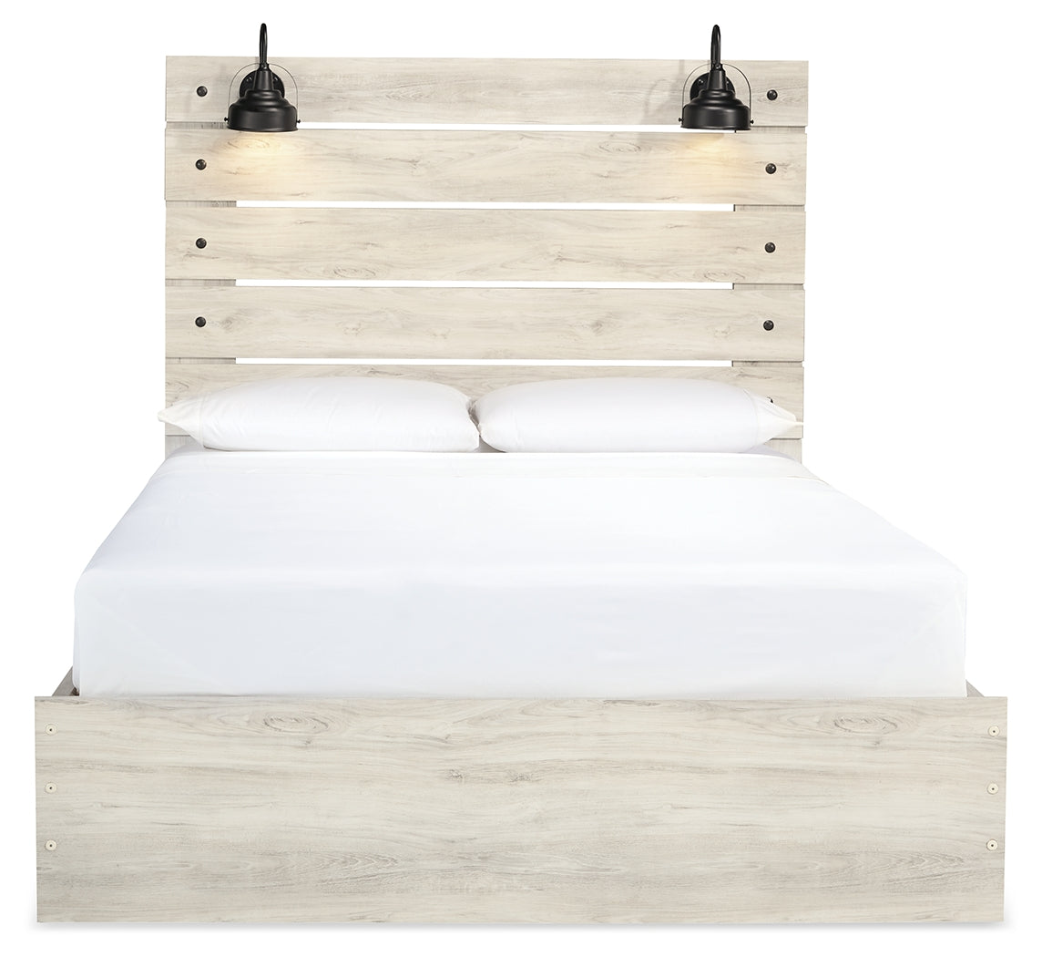 Cambeck Queen Panel Bed with 2 Storage Drawers with Mirrored Dresser and Nightstand in Whitewash - PKG014080