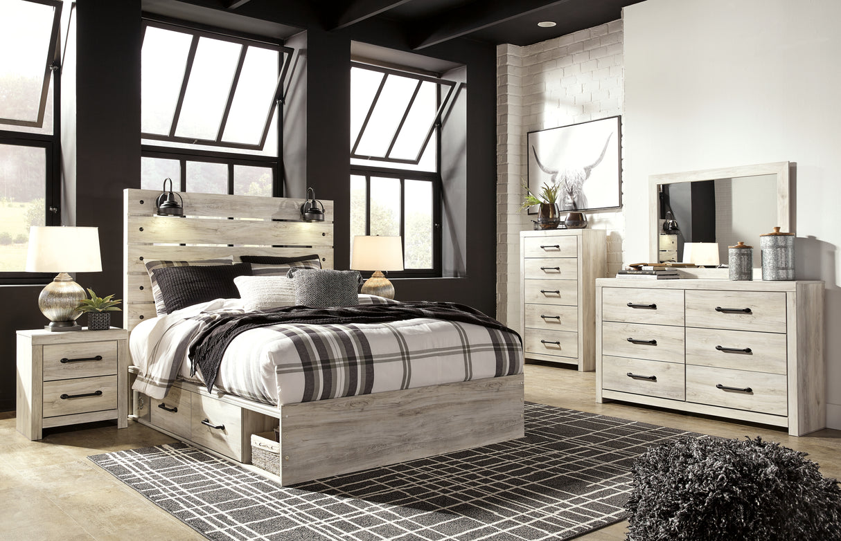 Cambeck Queen Panel Bed with 2 Storage Drawers with Mirrored Dresser, Chest and 2 Nightstands in Whitewash - PKG002998