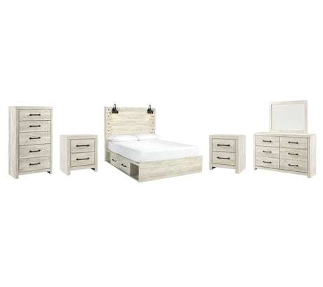 Cambeck Queen Panel Bed with 2 Storage Drawers with Mirrored Dresser, Chest and 2 Nightstands in Whitewash from Ashley - Luna Furniture