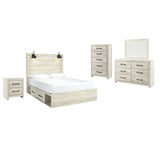 Cambeck Queen Panel Bed with 2 Storage Drawers with Mirrored Dresser, Chest and Nightstand in Whitewash - PKG002997