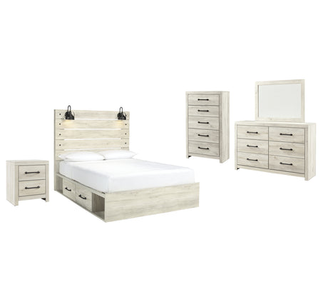 Cambeck Queen Panel Bed with 2 Storage Drawers with Mirrored Dresser, Chest and Nightstand in Whitewash from Ashley - Luna Furniture