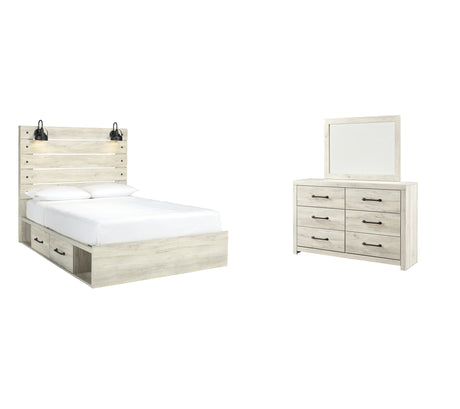 Cambeck Queen Panel Bed with 2 Storage Drawers with Mirrored Dresser in Whitewash - PKG002994