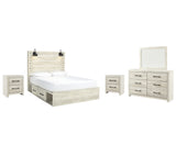 Cambeck Queen Panel Bed with 4 Storage Drawers with Mirrored Dresser and 2 Nightstands in Whitewash - PKG003020