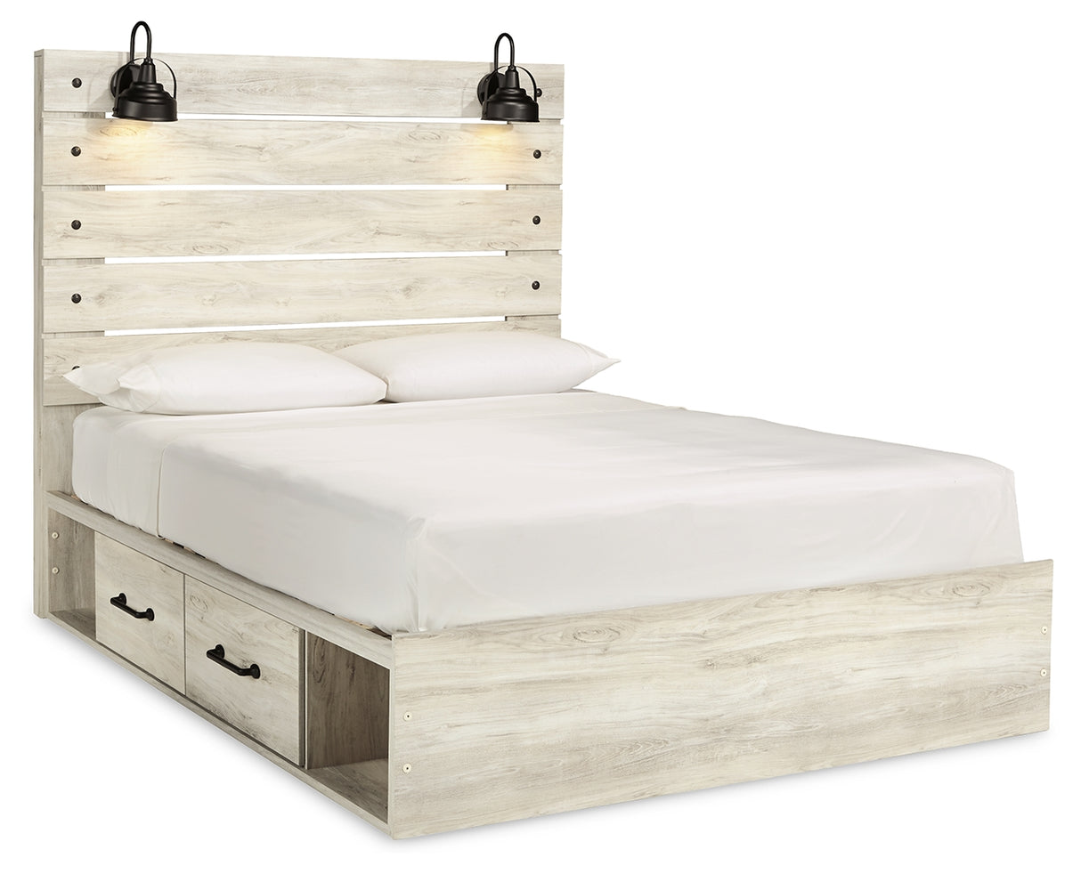 Cambeck Queen Panel Bed with 4 Storage Drawers with Mirrored Dresser and 2 Nightstands in Whitewash - PKG003020