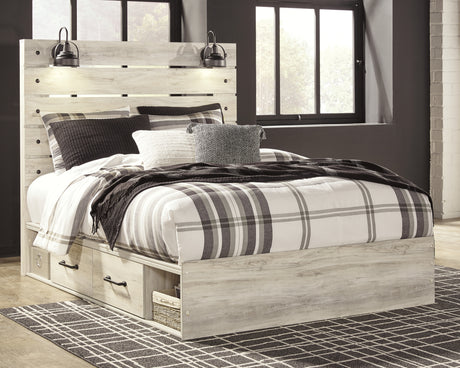 Cambeck Queen Panel Bed with 4 Storage Drawers with Mirrored Dresser and Chest in Whitewash - PKG003021