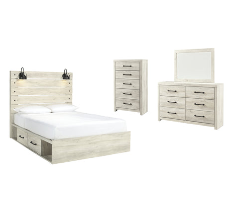 Cambeck Queen Panel Bed with 4 Storage Drawers with Mirrored Dresser and Chest in Whitewash - PKG003021