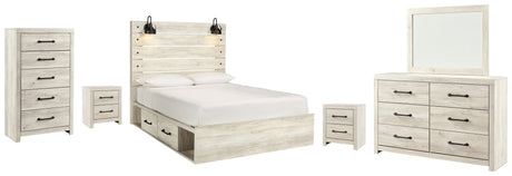 Cambeck Queen Panel Bed with 4 Storage Drawers with Mirrored Dresser, Chest and 2 Nightstands in Whitewash from Ashley - Luna Furniture