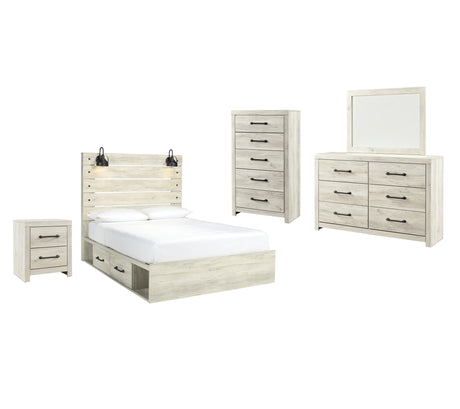 Cambeck Queen Panel Bed with 4 Storage Drawers with Mirrored Dresser, Chest and Nightstand in Whitewash - PKG003022