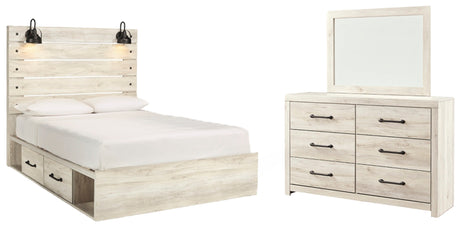 Cambeck Queen Panel Bed with 4 Storage Drawers with Mirrored Dresser in Whitewash - PKG003019