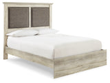 Cambeck Queen Upholstered Panel Bed with Mirrored Dresser and 2 Nightstands in Whitewash - PKG010595