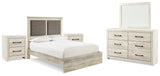 Cambeck Queen Upholstered Panel Bed with Mirrored Dresser and 2 Nightstands in Whitewash - PKG010595