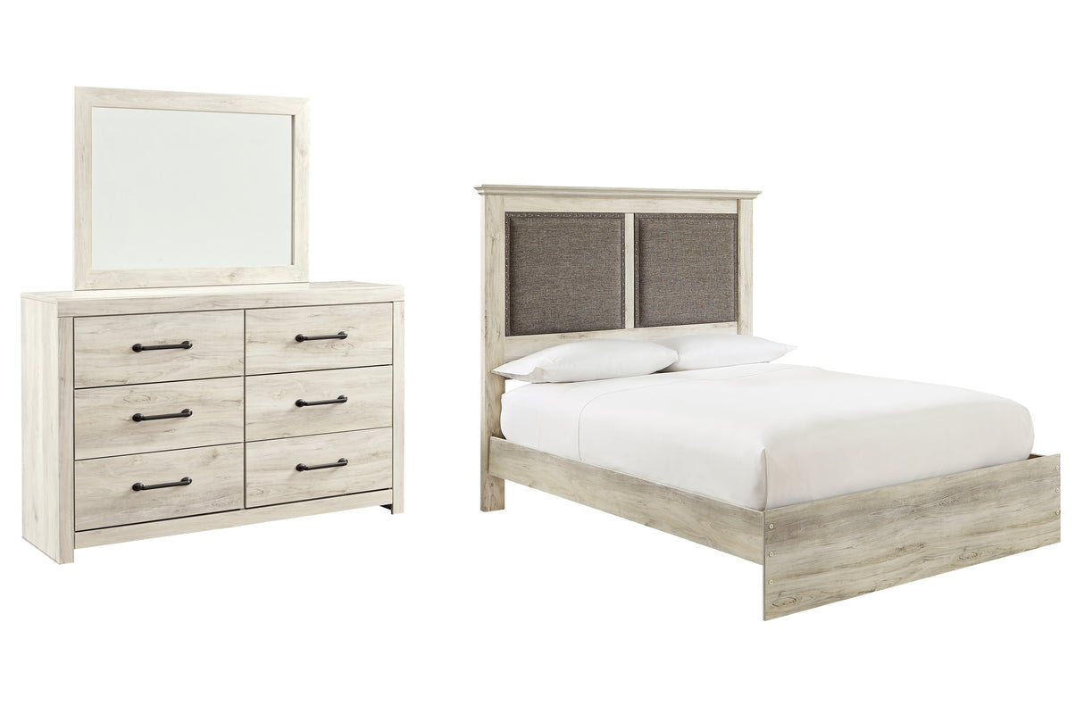 Cambeck Queen Upholstered Panel Bed with Mirrored Dresser in Whitewash - PKG010594