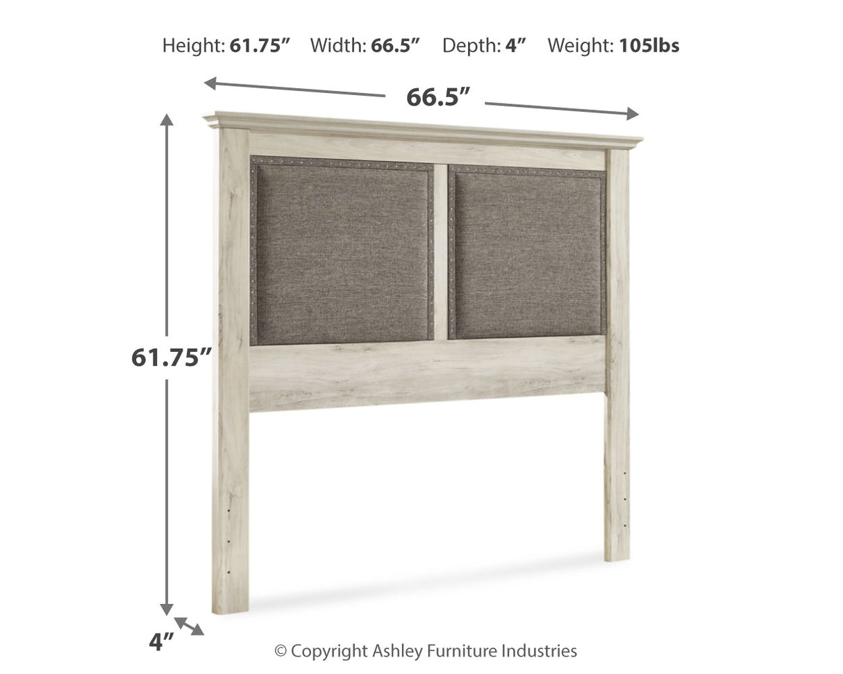 Cambeck Queen Upholstered Panel Headboard with Mirrored Dresser in Whitewash - PKG010433