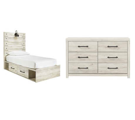 Cambeck Twin Panel Bed with 2 Storage Drawers with Dresser in Whitewash - PKG002975