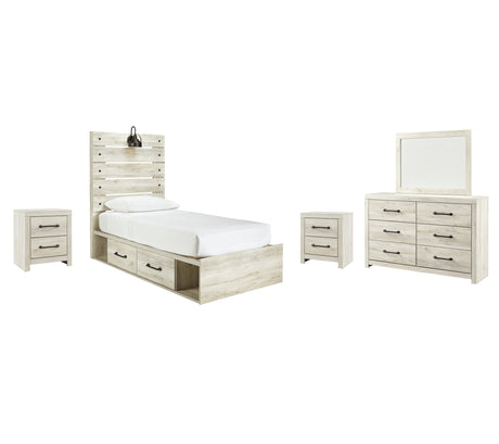 Cambeck Twin Panel Bed with 2 Storage Drawers with Mirrored Dresser and 2 Nightstands in Whitewash from Ashley - Luna Furniture