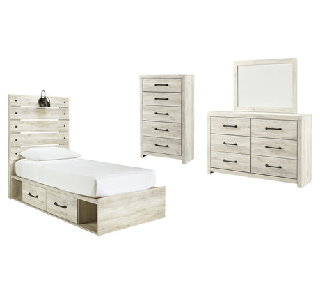 Cambeck Twin Panel Bed with 2 Storage Drawers with Mirrored Dresser and Chest in Whitewash from Ashley - Luna Furniture