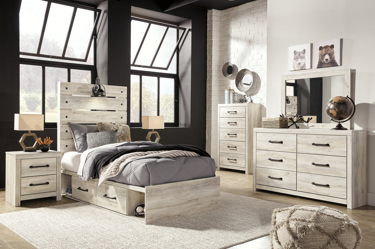 Cambeck Twin Panel Bed with 2 Storage Drawers with Mirrored Dresser, Chest and 2 Nightstands in Whitewash - PKG002983