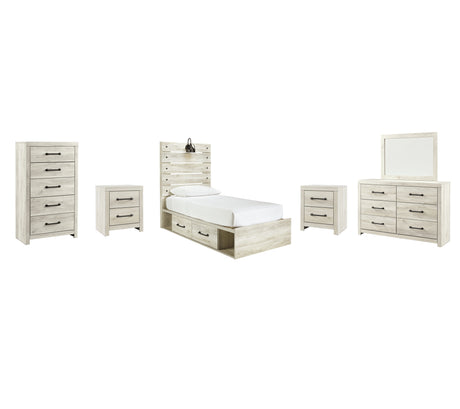 Cambeck Twin Panel Bed with 2 Storage Drawers with Mirrored Dresser, Chest and 2 Nightstands in Whitewash from Ashley - Luna Furniture