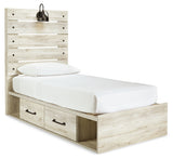 Cambeck Twin Panel Bed with 2 Storage Drawers with Mirrored Dresser, Chest and 2 Nightstands in Whitewash - PKG002983