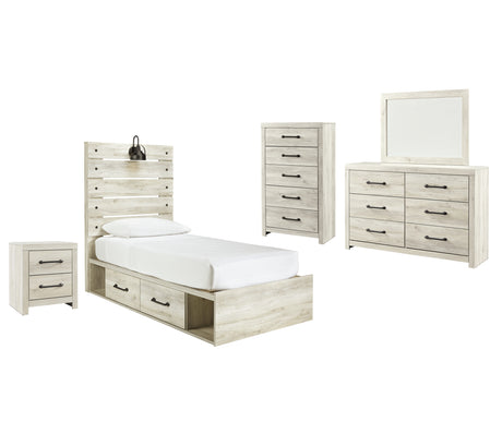 Cambeck Twin Panel Bed with 2 Storage Drawers with Mirrored Dresser, Chest and Nightstand in Whitewash - PKG002982