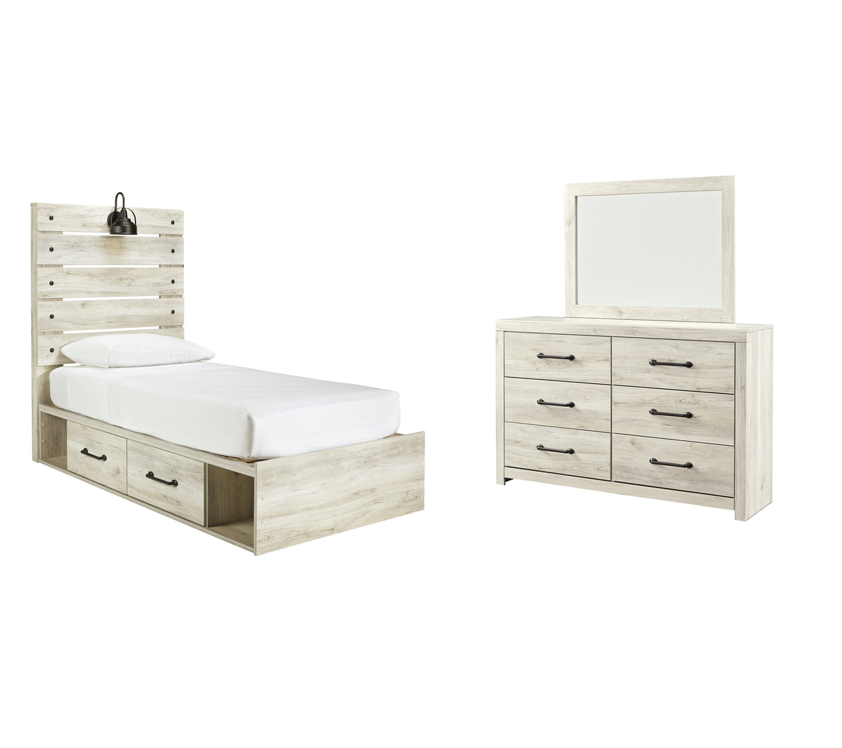 Cambeck Twin Panel Bed with 2 Storage Drawers with Mirrored Dresser in Whitewash - PKG002976