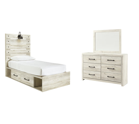 Cambeck Twin Panel Bed with 2 Storage Drawers with Mirrored Dresser in Whitewash from Ashley - Luna Furniture