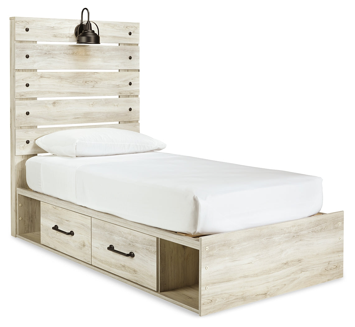 Cambeck Twin Panel Bed with 2 Storage Drawers with Mirrored Dresser in Whitewash - PKG002976