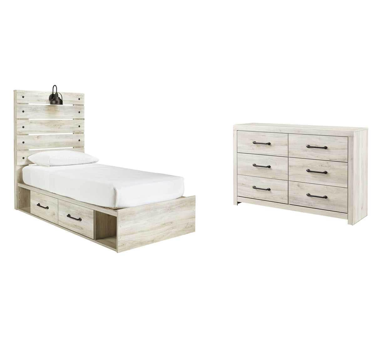 Cambeck Twin Panel Bed with 4 Storage Drawers with Dresser in Whitewash - PKG003012