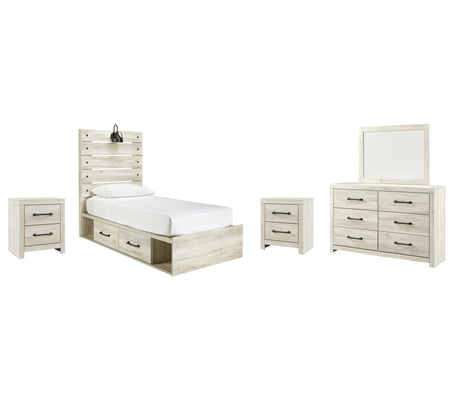 Cambeck Twin Panel Bed with 4 Storage Drawers with Mirrored Dresser and 2 Nightstands in Whitewash - PKG003014