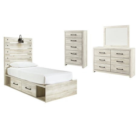 Cambeck Twin Panel Bed with 4 Storage Drawers with Mirrored Dresser and Chest in Whitewash - PKG003015