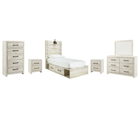 Cambeck Twin Panel Bed with 4 Storage Drawers with Mirrored Dresser, Chest and 2 Nightstands in Whitewash - PKG003017