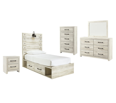 Cambeck Twin Panel Bed with 4 Storage Drawers with Mirrored Dresser, Chest and Nightstand in Whitewash - PKG003016