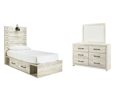 Cambeck Twin Panel Bed with 4 Storage Drawers with Mirrored Dresser in Whitewash - PKG003013