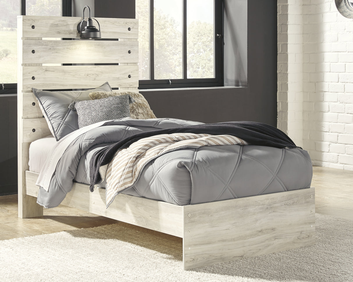 Cambeck Twin Panel Bed with Mirrored Dresser and 2 Nightstands in Whitewash - PKG003007