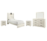 Cambeck Twin Panel Bed with Mirrored Dresser and 2 Nightstands in Whitewash - PKG003007