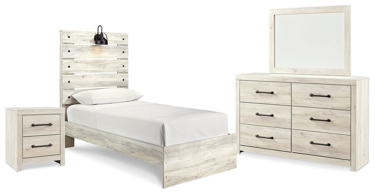 Cambeck Twin Panel Bed with Mirrored Dresser and Nightstand in Whitewash - PKG019208