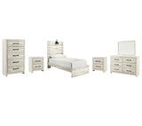 Cambeck Twin Panel Bed with Mirrored Dresser, Chest and 2 Nightstands in Whitewash - PKG003011