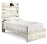 Cambeck Twin Panel Bed with Mirrored Dresser, Chest and Nightstand in Whitewash - PKG003010