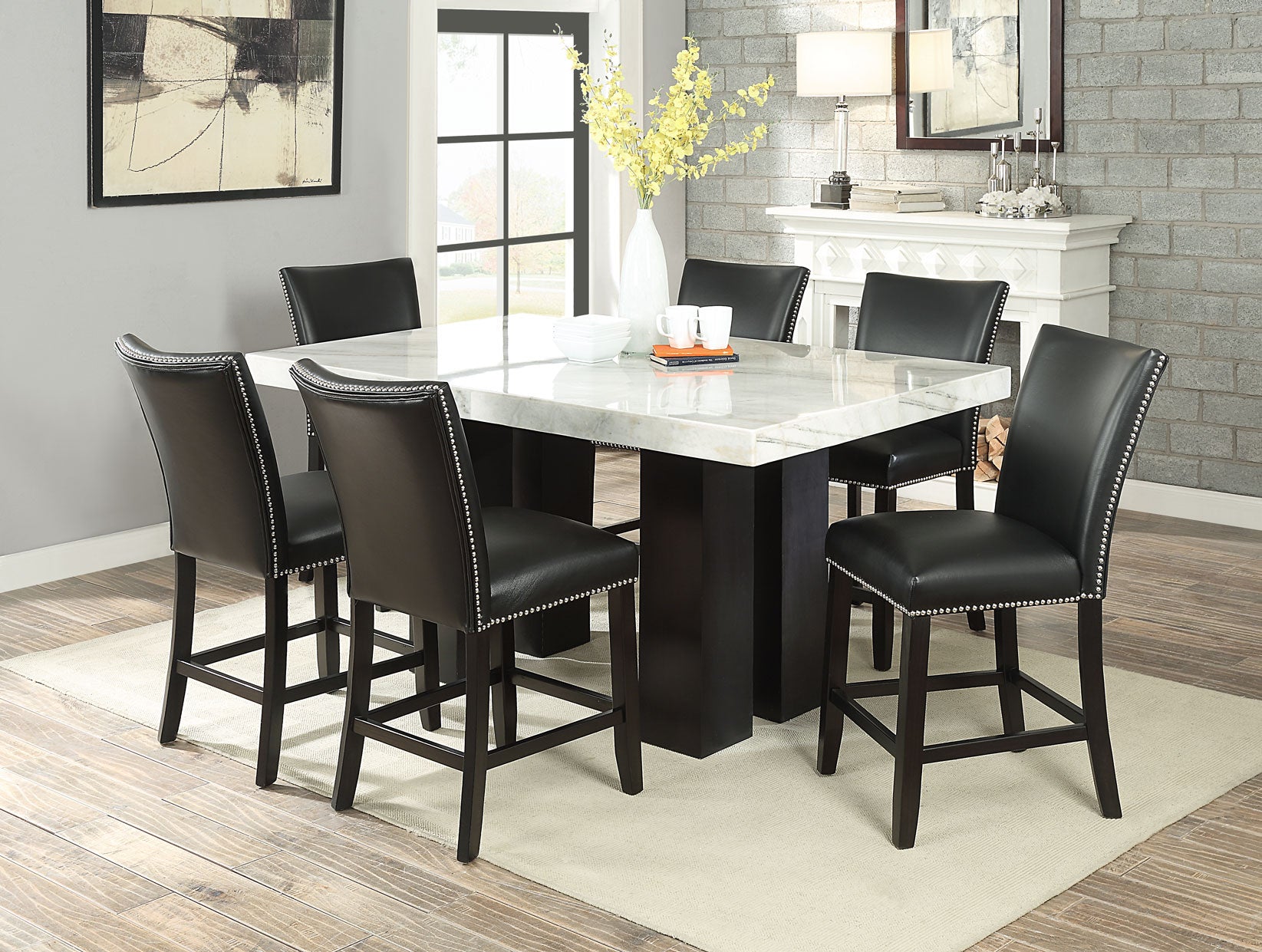 Camila 7 Piece Rectangular White Marble Top Counter Dining Set Counter Table 6 Counter Chairs