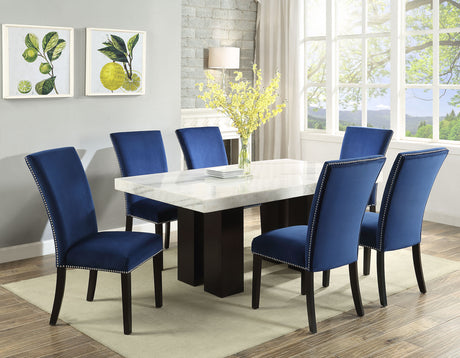 Camila Marble Dining Group(Table & 4 Blue Velvet Side Chairs)Black and Silver Side Chairs Can Be Added Optionally - SET | CM420WT | CM420WB | CM540SBN(4)