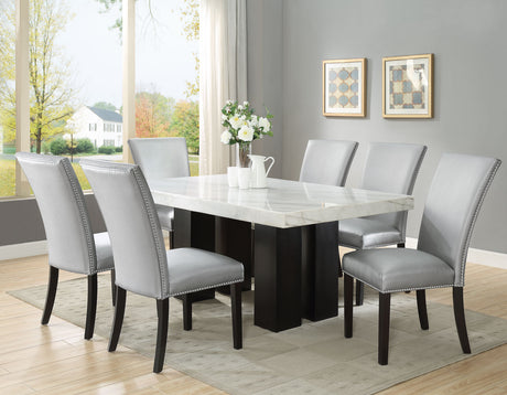 Camila Marble Dining Group(Table & 4 Blue Velvet Side Chairs)Black and Silver Side Chairs Can Be Added Optionally - SET | CM420WT | CM420WB | CM540SBN(4)