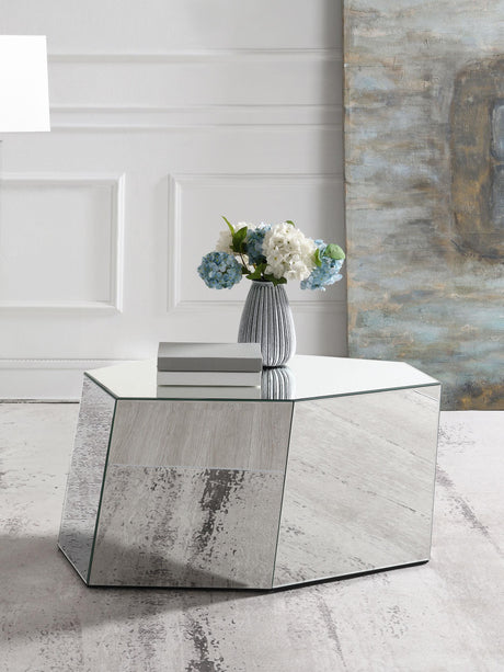 Capella Mirrored Abstract Geometric Coffee Table Silver from Coaster - Luna Furniture