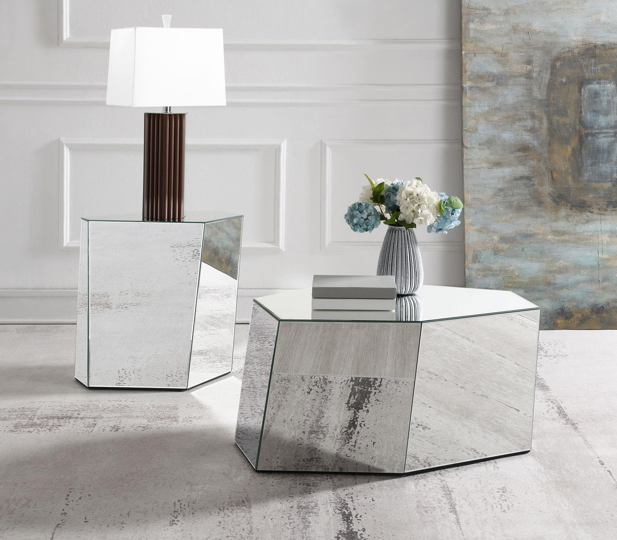 Capella Mirrored Abstract Geometric End Table Silver from Coaster - Luna Furniture