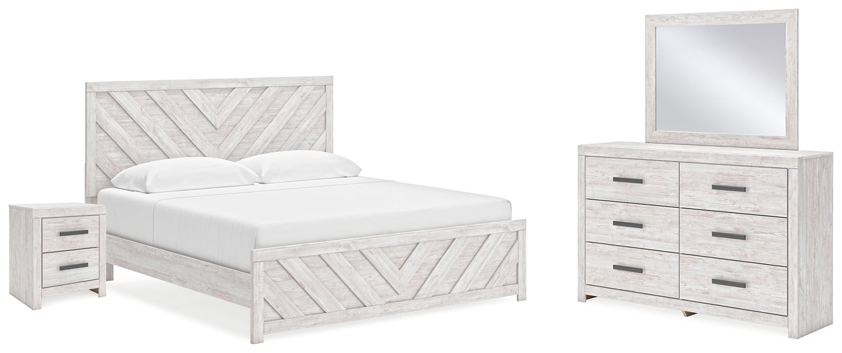 Cayboni King Panel Bed with Mirrored Dresser and Nightstand in Whitewash from Ashley - Luna Furniture